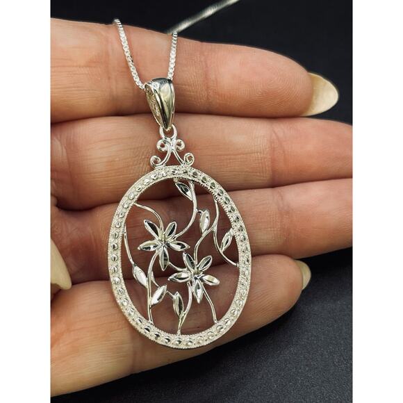 20” Sterling Silver Flower Pendant Necklace 925 I3 - Picture 7 of 9